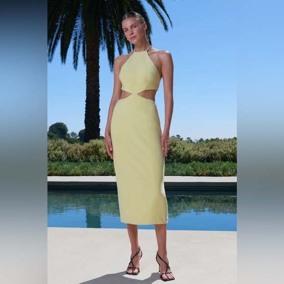 MISHA Alia midi dress halter neck criss cross open back bodycon cutout butter - Picture 1 of 12